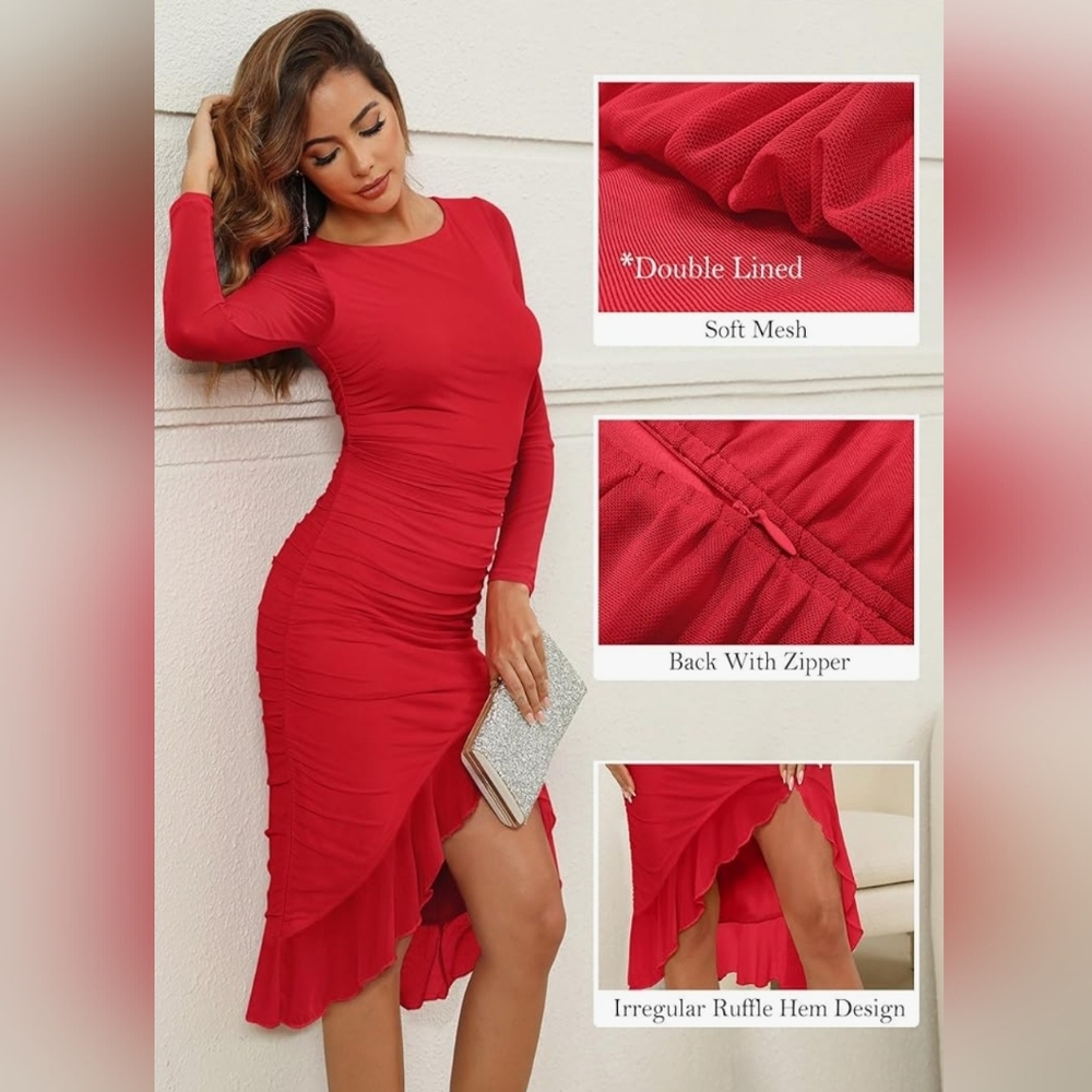 Zattcas Chic Long Sleeve Red Dress with Ruffle Hem